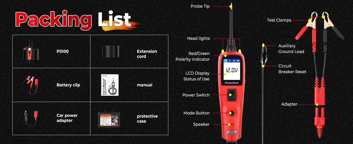 Annotated product packing list for a red automotive circuit tester, showing the handheld probe unit, test clamps, auxiliary ground lead, circuit breaker reset adapter, battery clips, car power adapter, extension cord and protective case.