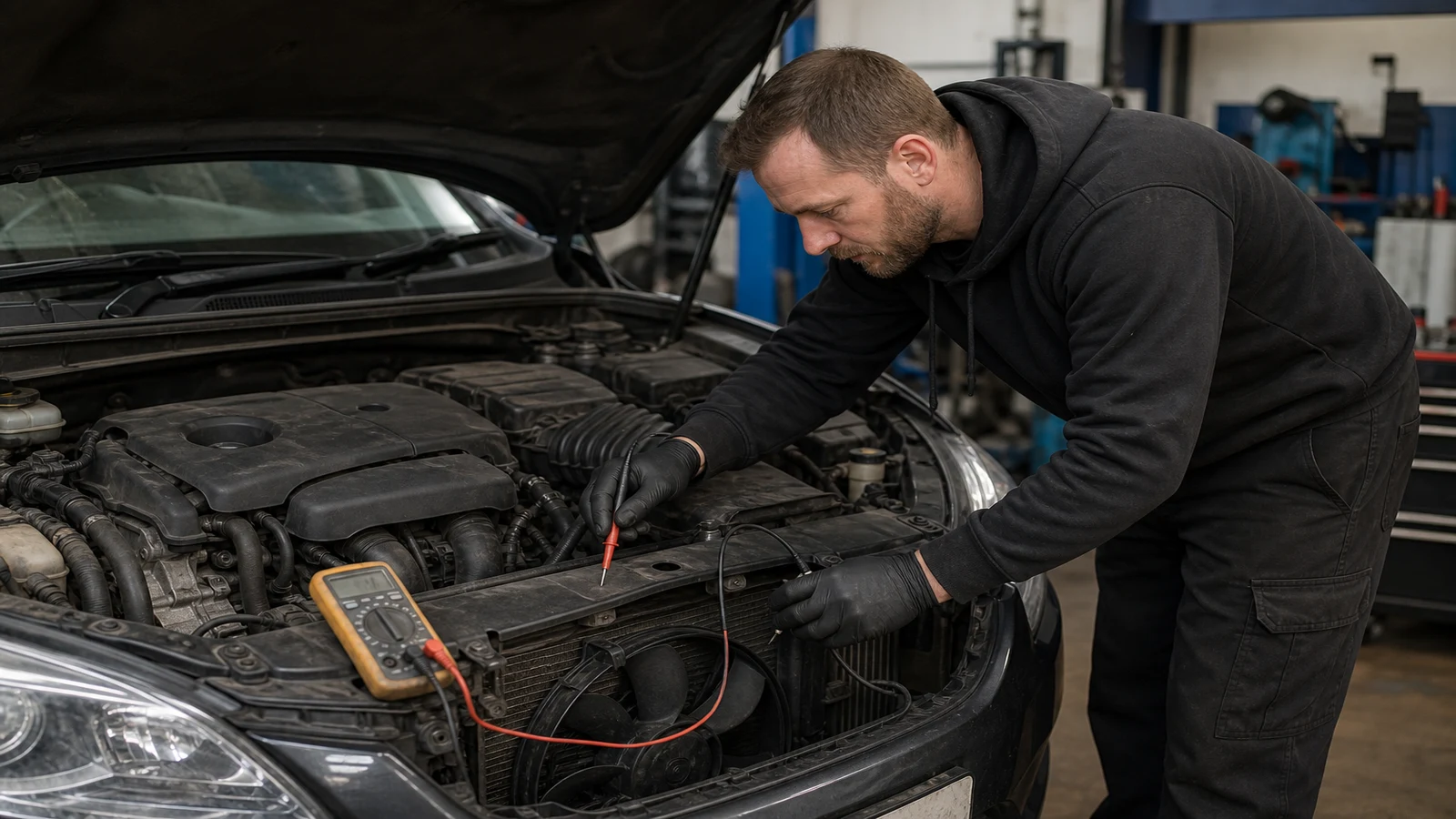 Circuit probe at a car cooling fan connector during activation triage