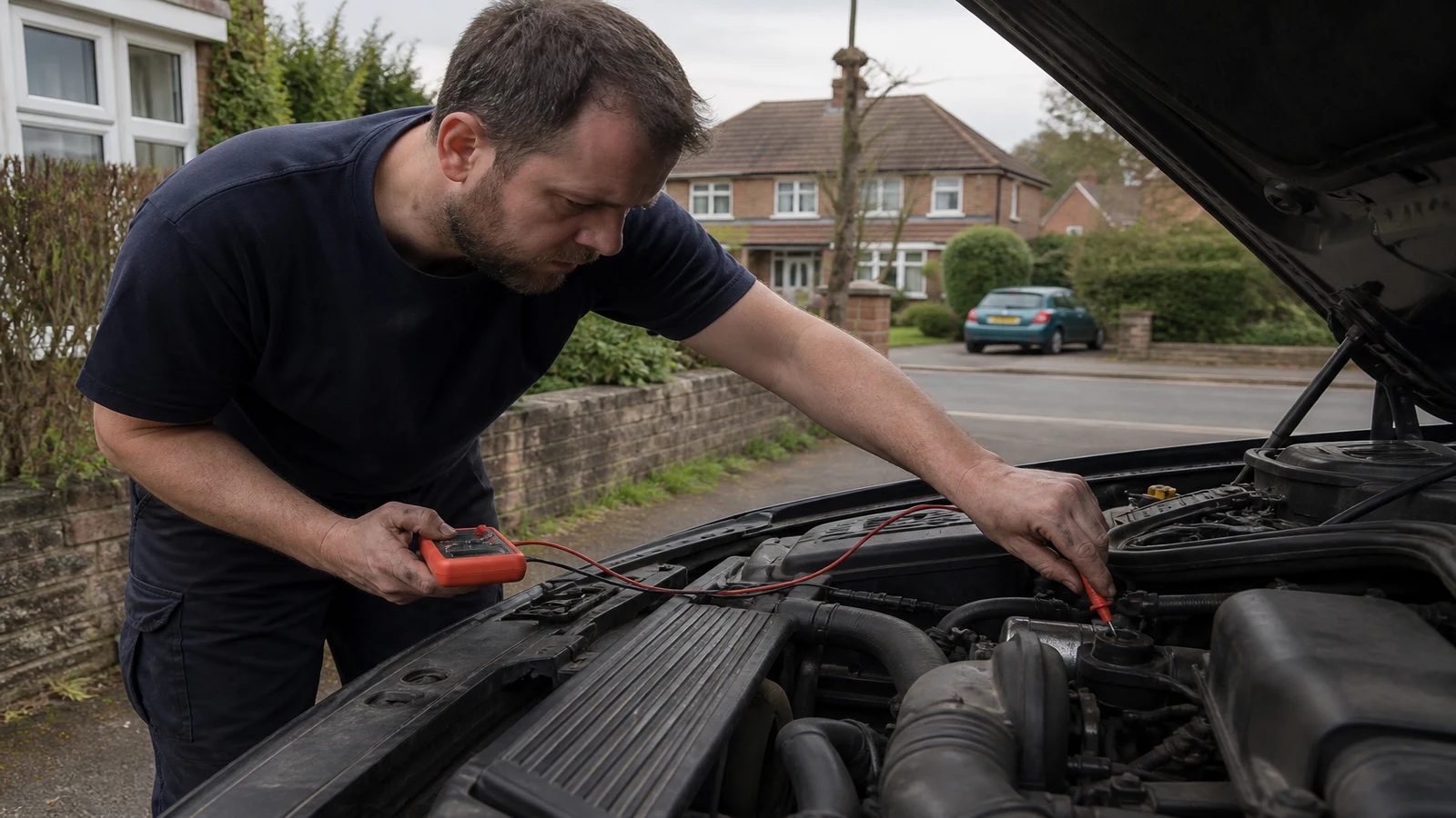Mobile mechanic checking a vehicle earth point on a wet UK driveway