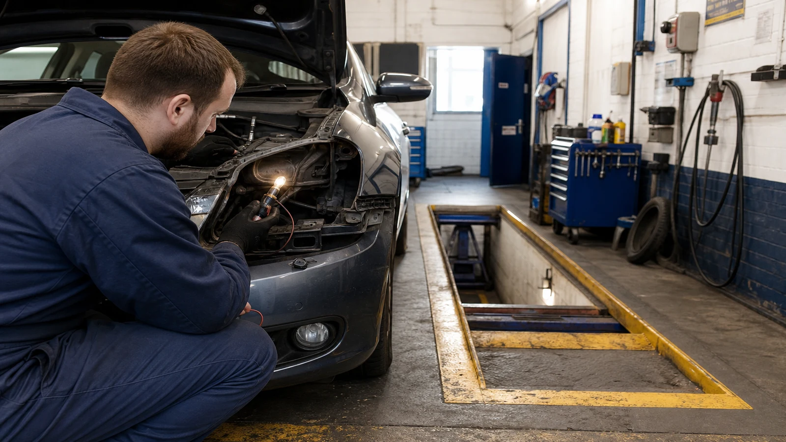 UK car lighting check after an MOT fail with electrical triage tools nearby