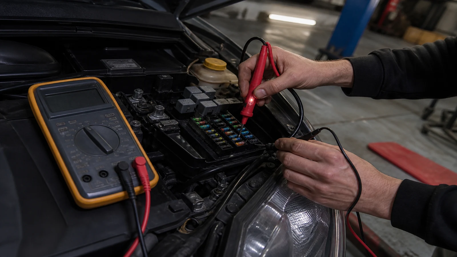 Automotive circuit probe and multimeter on a UK garage bench for first-pass triage