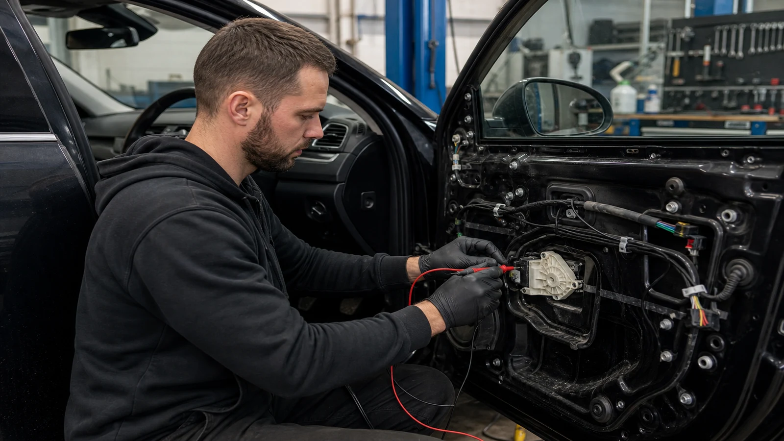 Technician testing a car window motor connector with a circuit probe